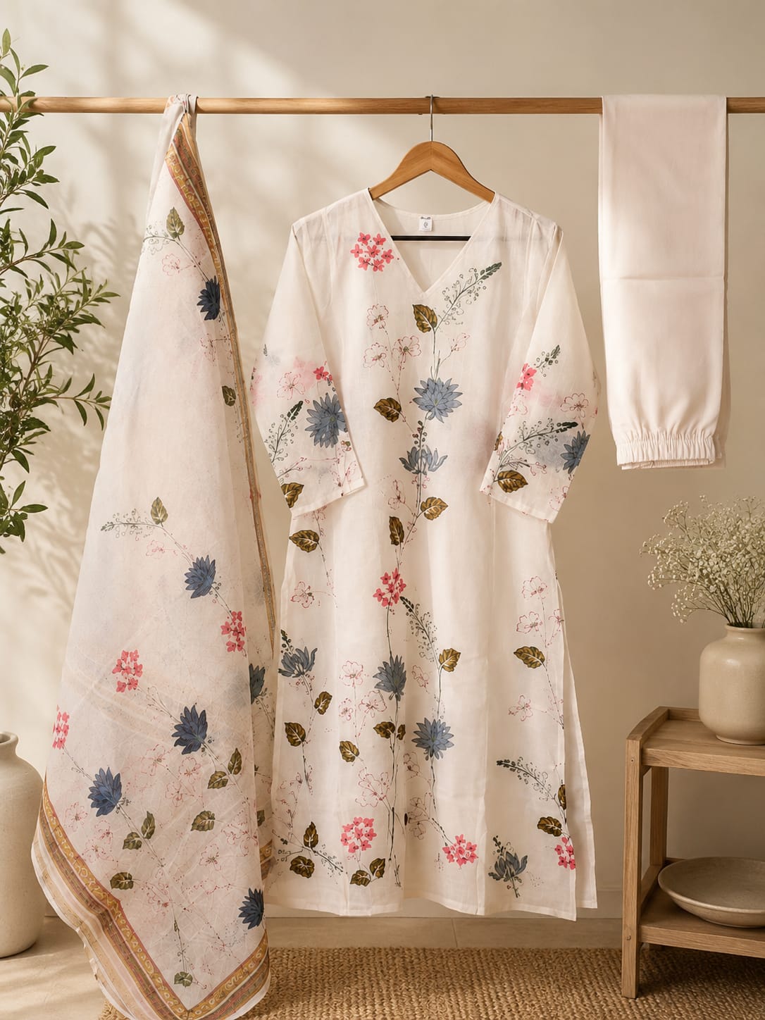 WHITE CHANDERI KURTI SET WITH DIGITAL PRINT DUPATTA