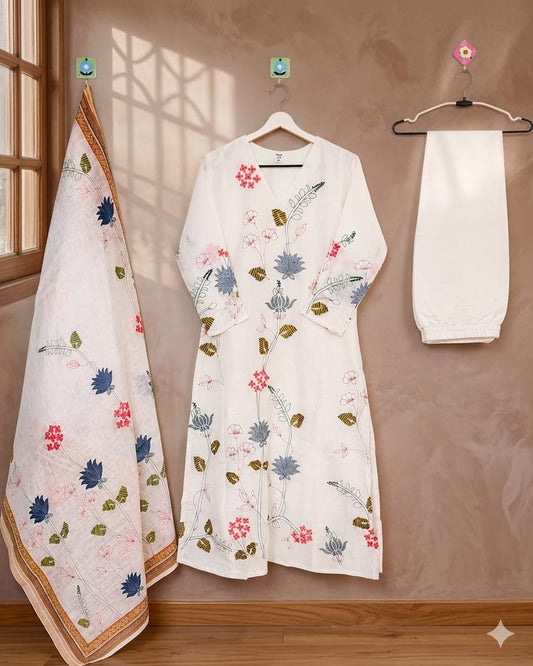 WHITE CHANDERI KURTI SET WITH DIGITAL PRINT DUPATTA