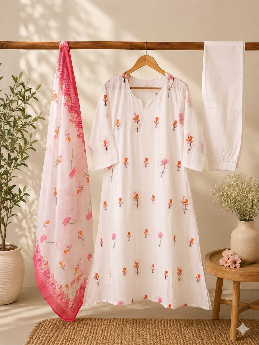 White Mal Chanderi Floral Embroidered Kurta Set with Digital Print Dupatta & Cotton paint  3-Piece Ethnic Set