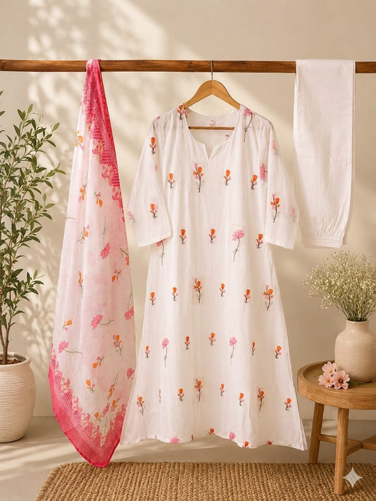 White Mal Chanderi Floral Embroidered Kurta Set with Digital Print Dupatta & Cotton paint  3-Piece Ethnic Set