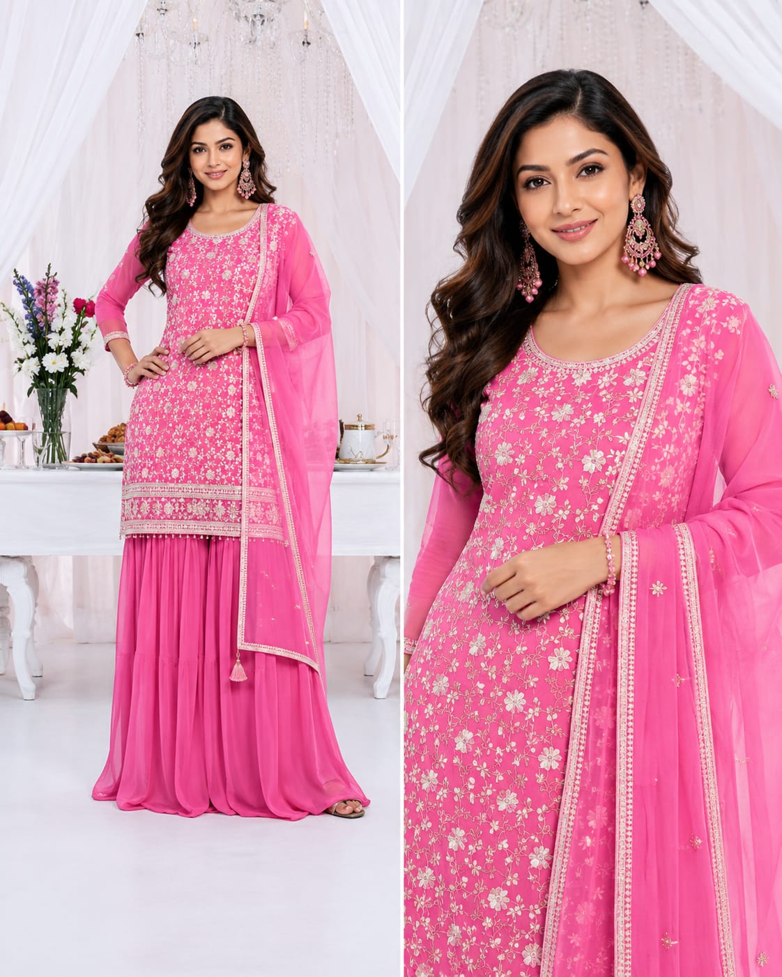 Pink Georgette Sharara Suit with Heavy Crochet Embroidery